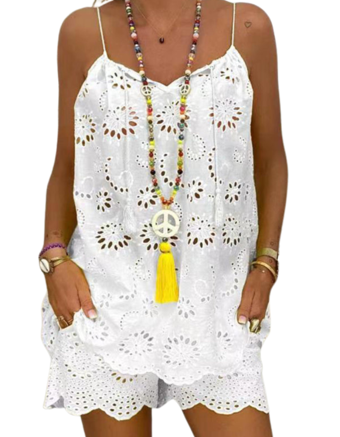 SHOPIQAT New Women's Sleeveless Drawstring Ruffled Hollow Camisole Embroidered Shorts Suit - Premium from shopiqat - Just $9.700! Shop now at shopiqat